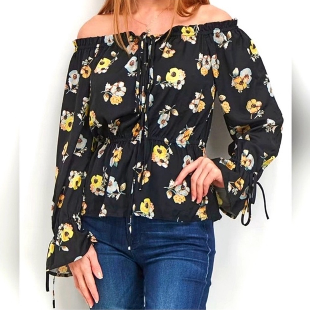 Avec Les Filles Black Floral Off-Shoulder Blouse